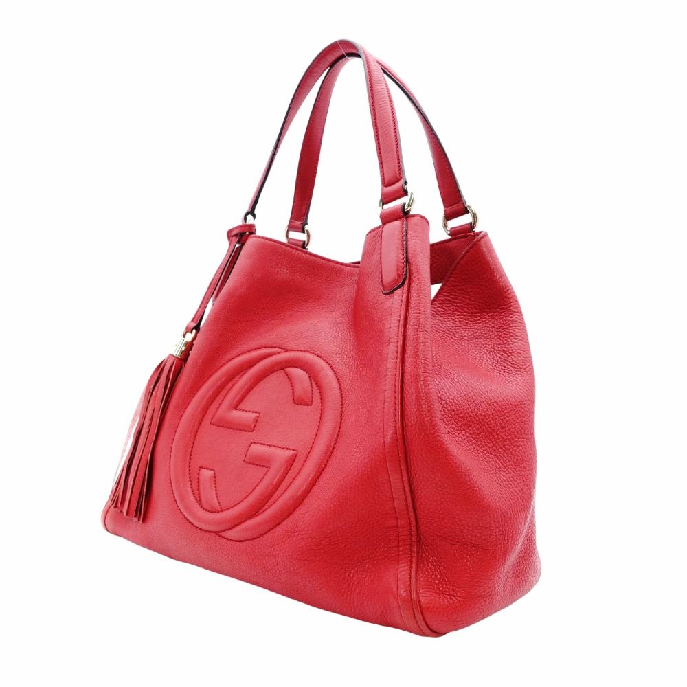 GUCCI Soho Tote Bag Red Leather Shoulder Fringe GG Logo 7-12-208