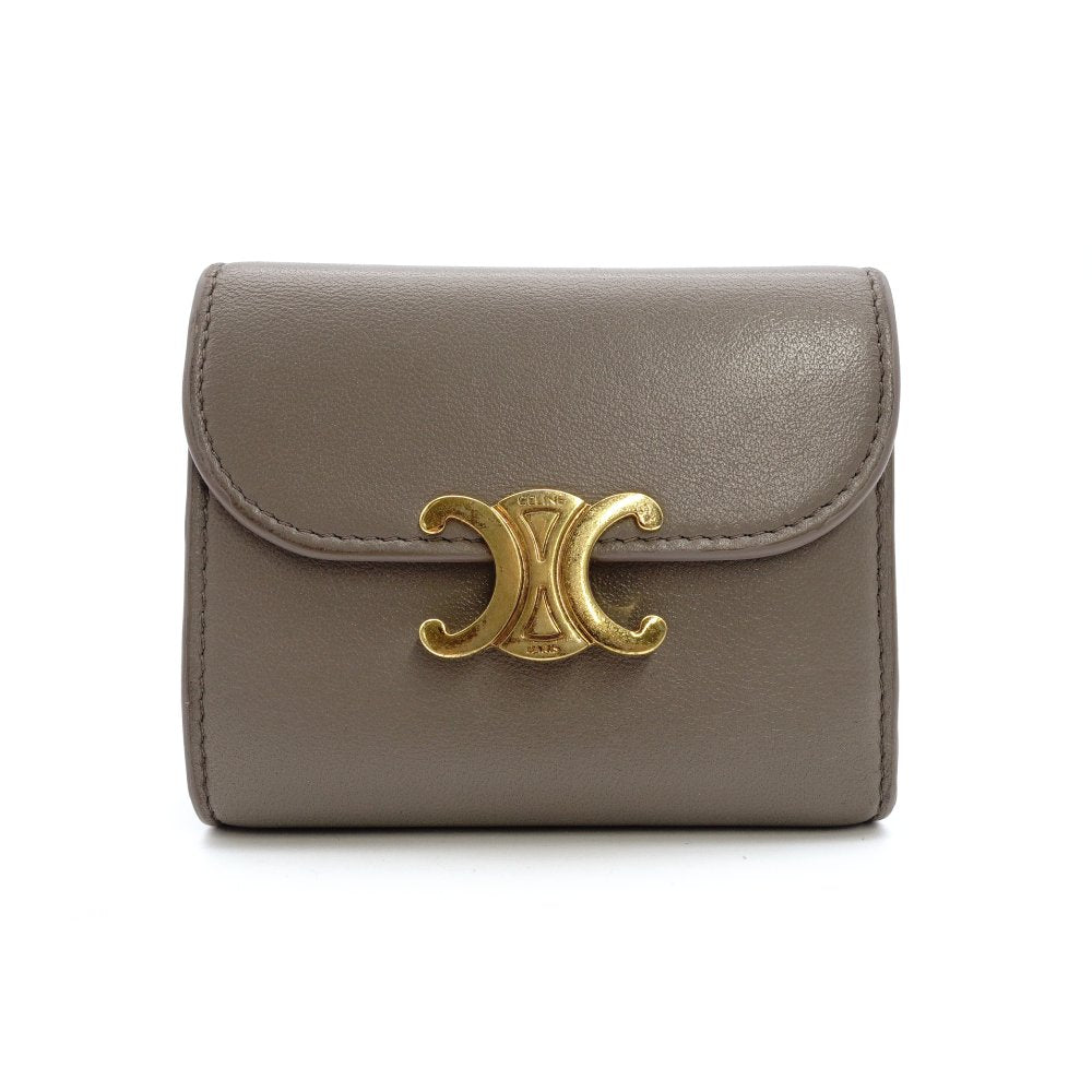 Celine Triomphe Mini Wallet, Foldable Wallet, Greige Leather, Compact Wallet, Gold Hardware, 7-12-485