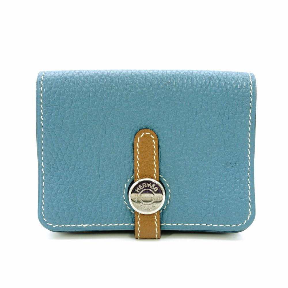 HERMES Dogon Card Case Togo Blue Jean Silver Hardware □L Stamped Leather Blue × Brown 7-12-613