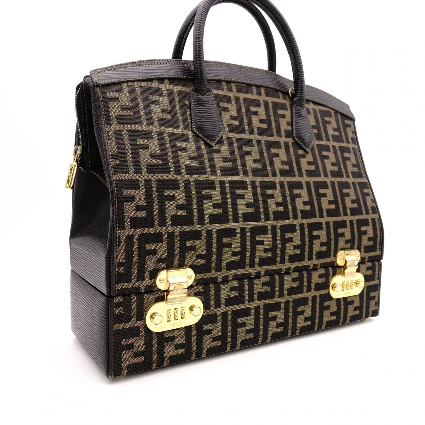 FENDI Vanity Zucca Handbag, Canvas and Leather, Black, Travel Bag