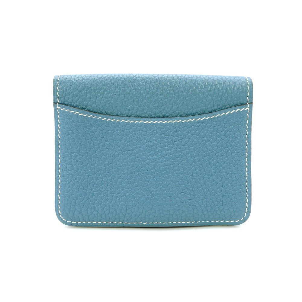 HERMES Dogon Card Case Togo Blue Jean Silver Hardware □L Stamped Leather Blue × Brown 7-12-613