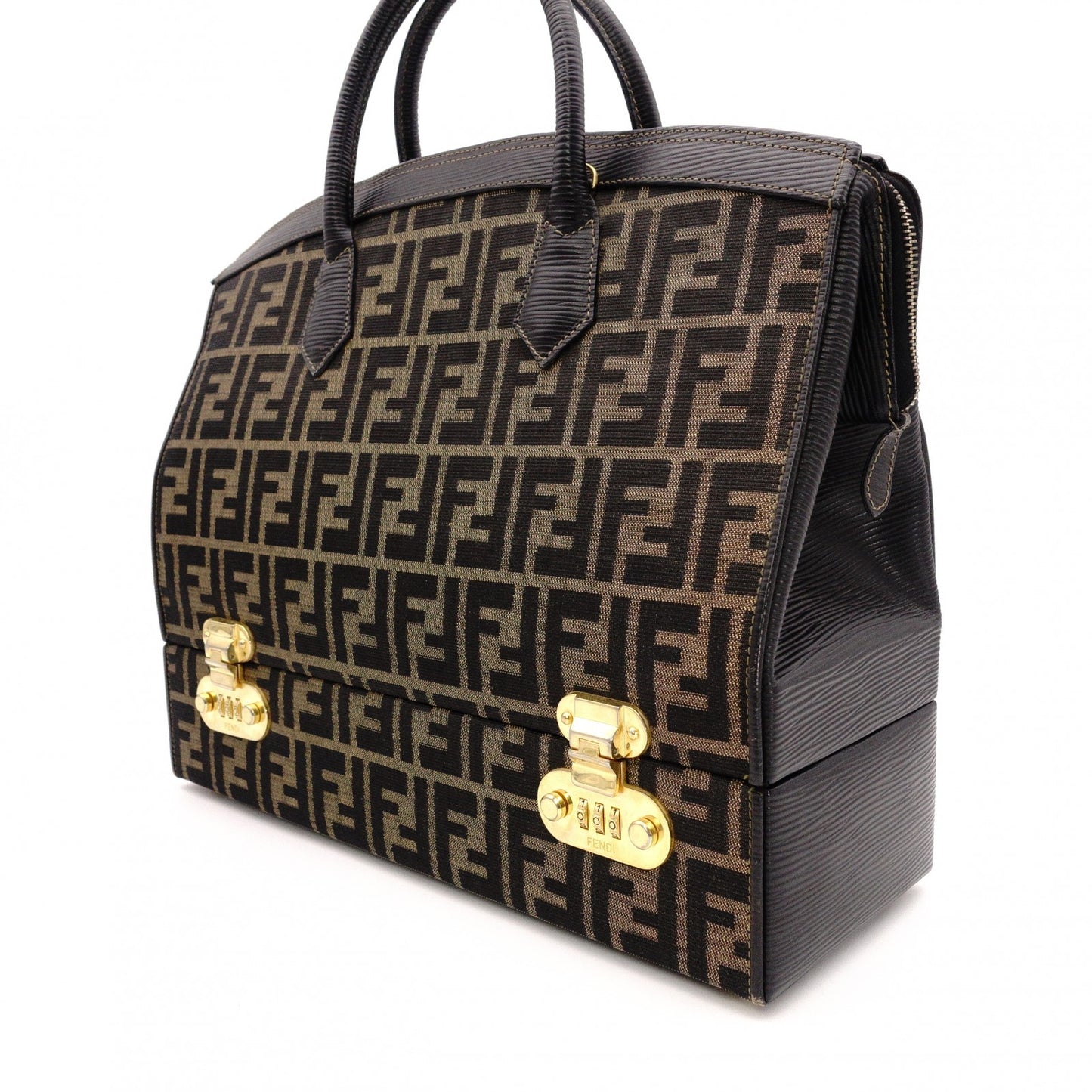 FENDI Vanity Zucca Handbag, Canvas and Leather, Black, Travel Bag