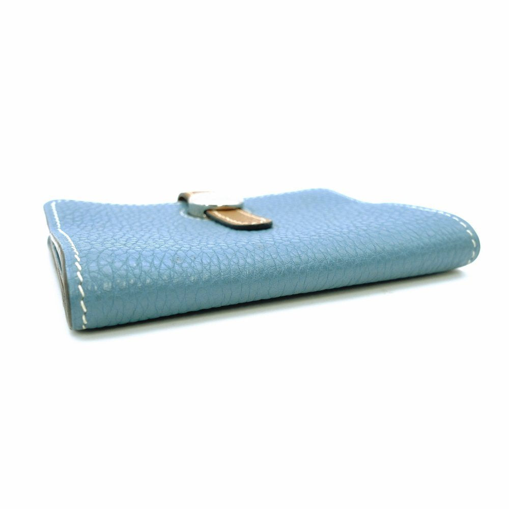 HERMES Dogon Card Case Togo Blue Jean Silver Hardware □L Stamped Leather Blue × Brown 7-12-613