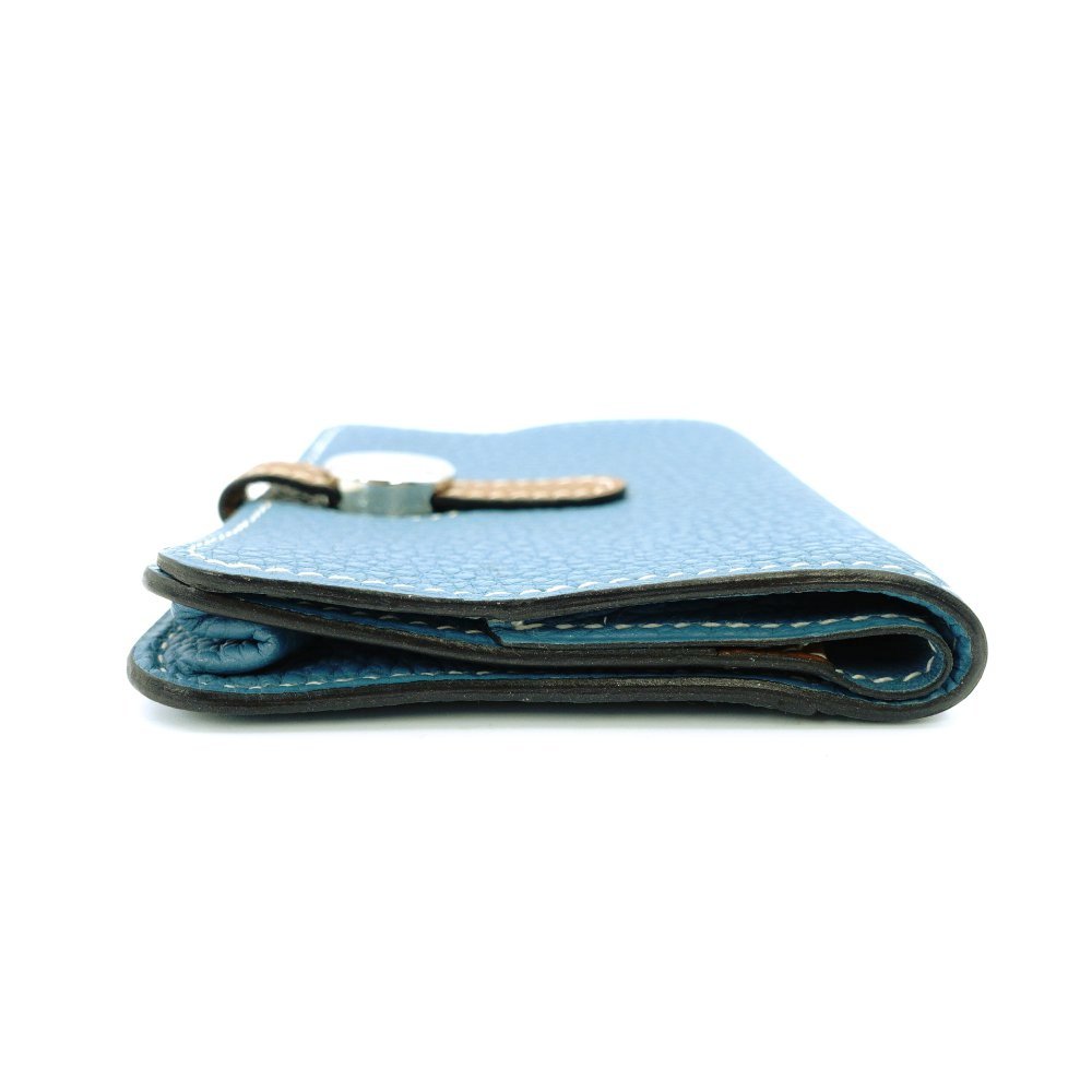HERMES Dogon Card Case Togo Blue Jean Silver Hardware □L Stamped Leather Blue × Brown 7-12-613