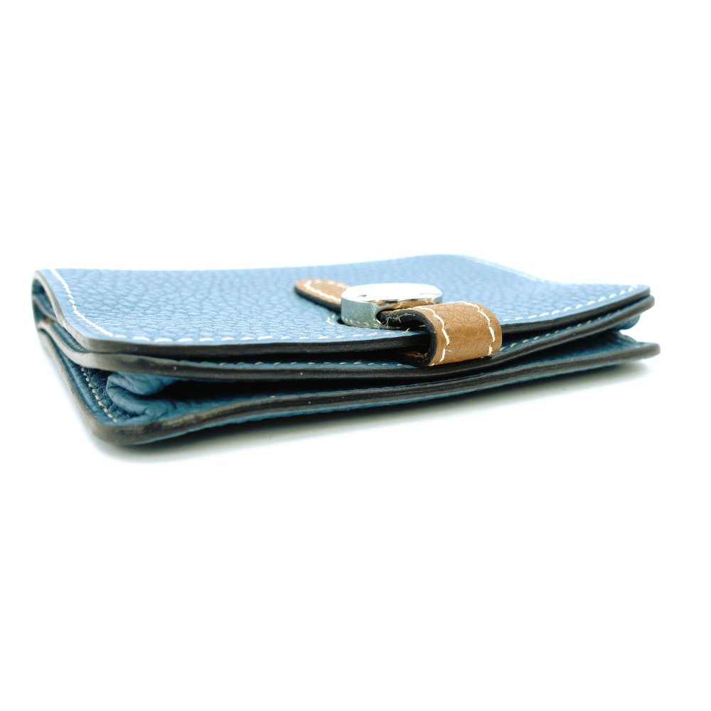 HERMES Dogon Card Case Togo Blue Jean Silver Hardware □L Stamped Leather Blue × Brown 7-12-613
