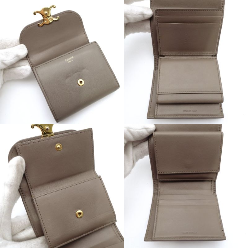 Celine Triomphe Mini Wallet, Foldable Wallet, Greige Leather, Compact Wallet, Gold Hardware, 7-12-485