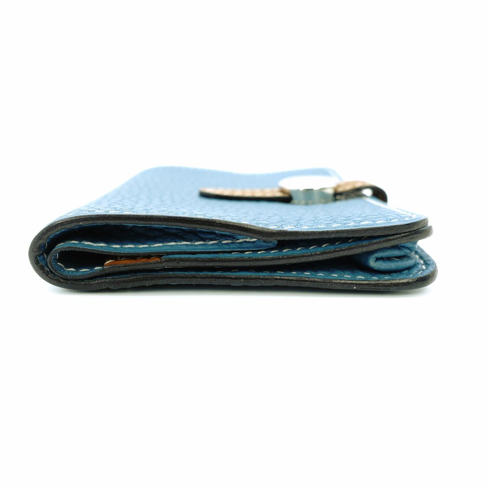 HERMES Dogon Card Case Togo Blue Jean Silver Hardware □L Stamped Leather Blue × Brown 7-12-613