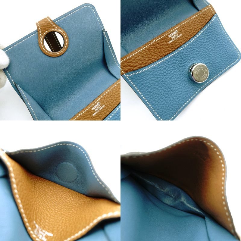 HERMES Dogon Card Case Togo Blue Jean Silver Hardware □L Stamped Leather Blue × Brown 7-12-613
