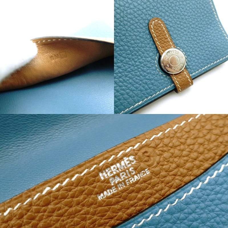 HERMES Dogon Card Case Togo Blue Jean Silver Hardware □L Stamped Leather Blue × Brown 7-12-613