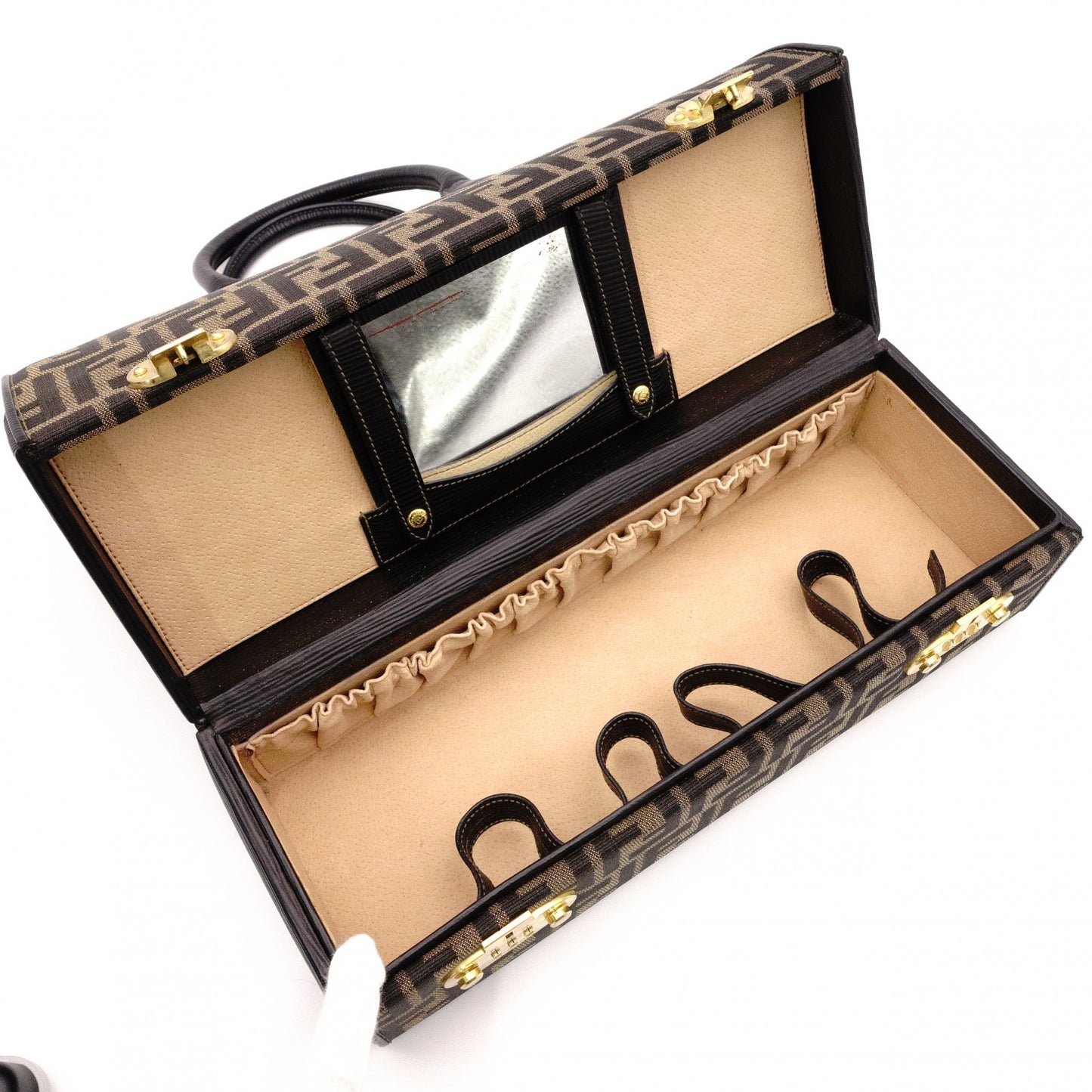 FENDI Vanity Zucca Handbag, Canvas and Leather, Black, Travel Bag