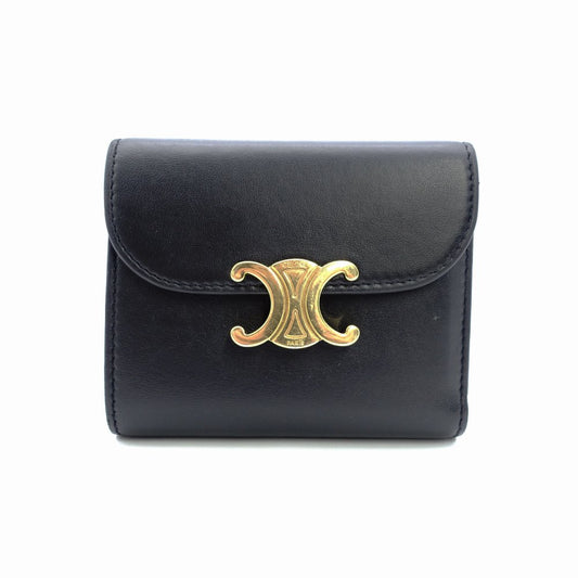 Celine Triomphe Mini Wallet, Fold Wallet, Black Leather, Compact Wallet, Gold Hardware, 7-12-609