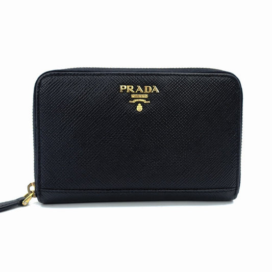 PRADA Saffiano Metal Leather Black Mini Wallet Black Gold Hardware Compact Wallet 7-12-611