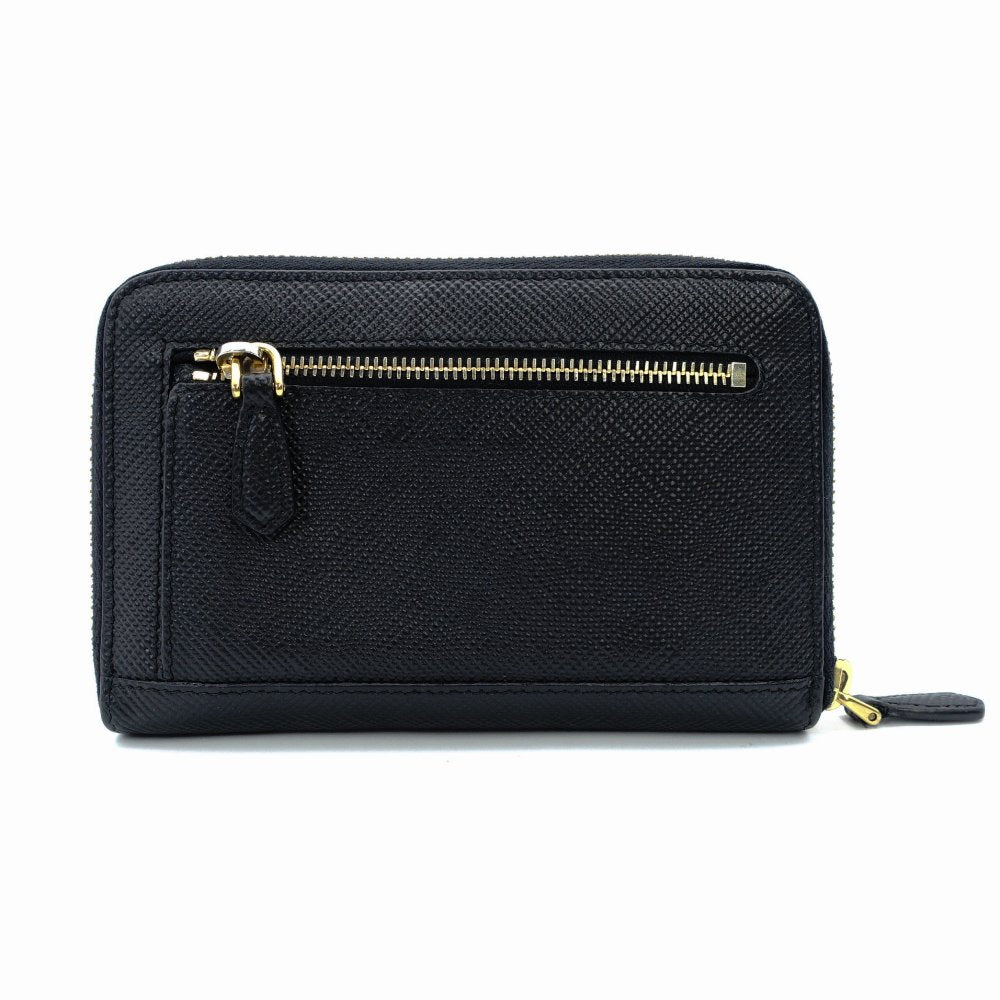 PRADA Saffiano Metal Leather Black Mini Wallet Black Gold Hardware Compact Wallet 7-12-611