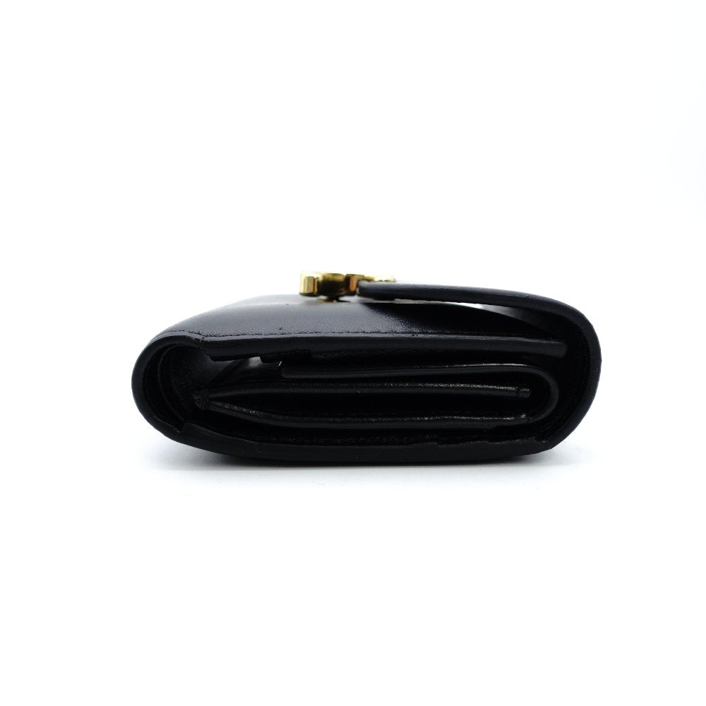 Celine Triomphe Mini Wallet, Fold Wallet, Black Leather, Compact Wallet, Gold Hardware, 7-12-609