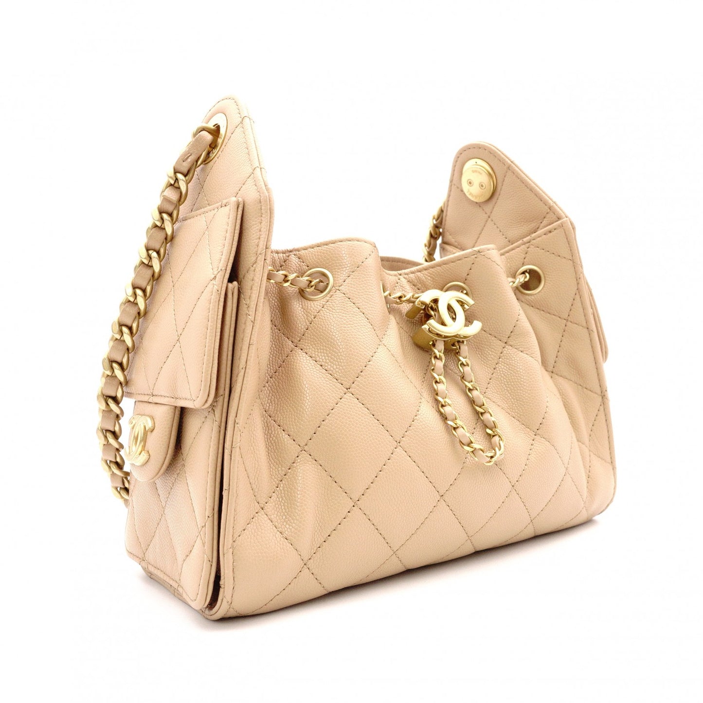 CHANEL Caviar Skin Chanel 25 Mini Shoulder Bag, Leather, Beige, Gold Hardware, IC Plate