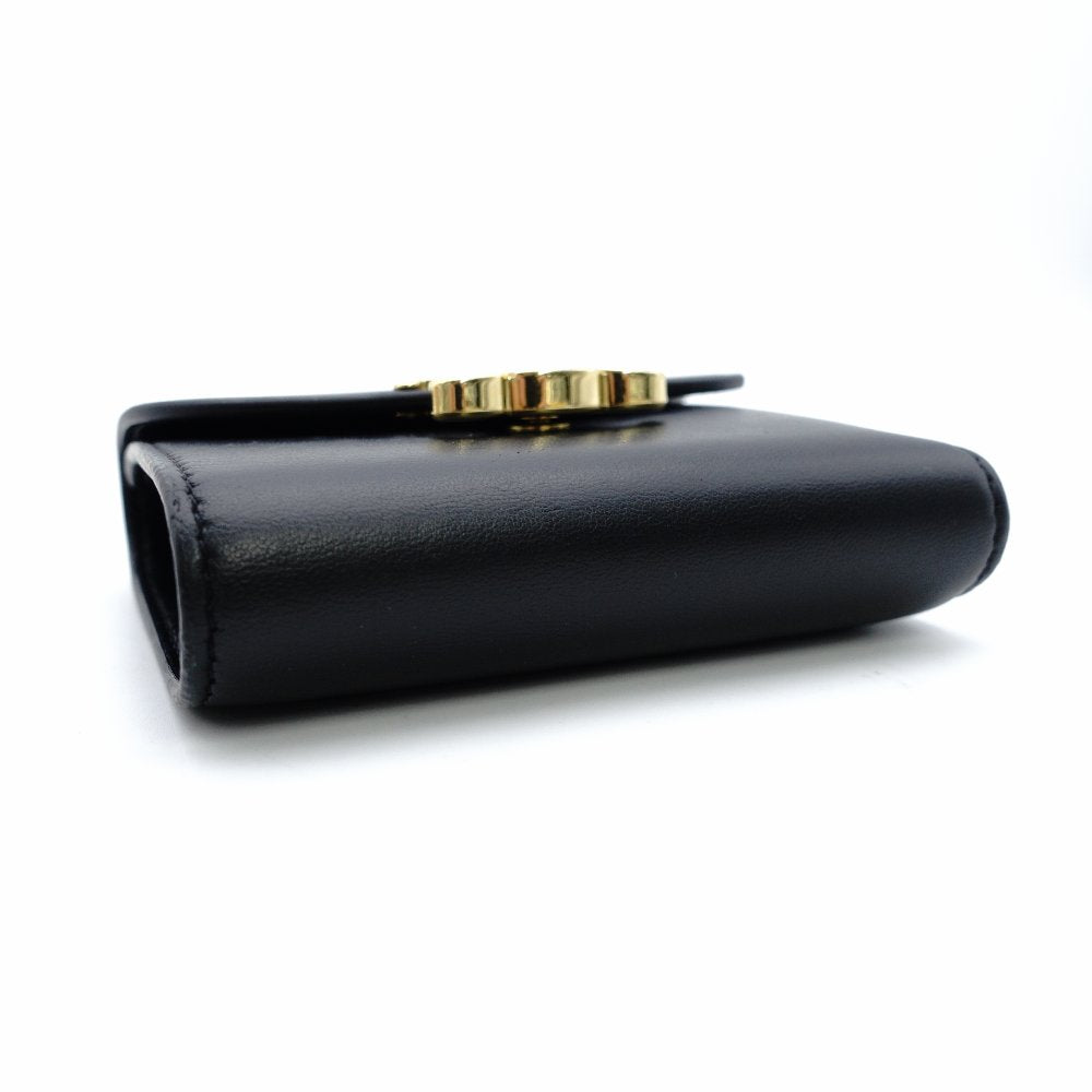 Celine Triomphe Mini Wallet, Fold Wallet, Black Leather, Compact Wallet, Gold Hardware, 7-12-609