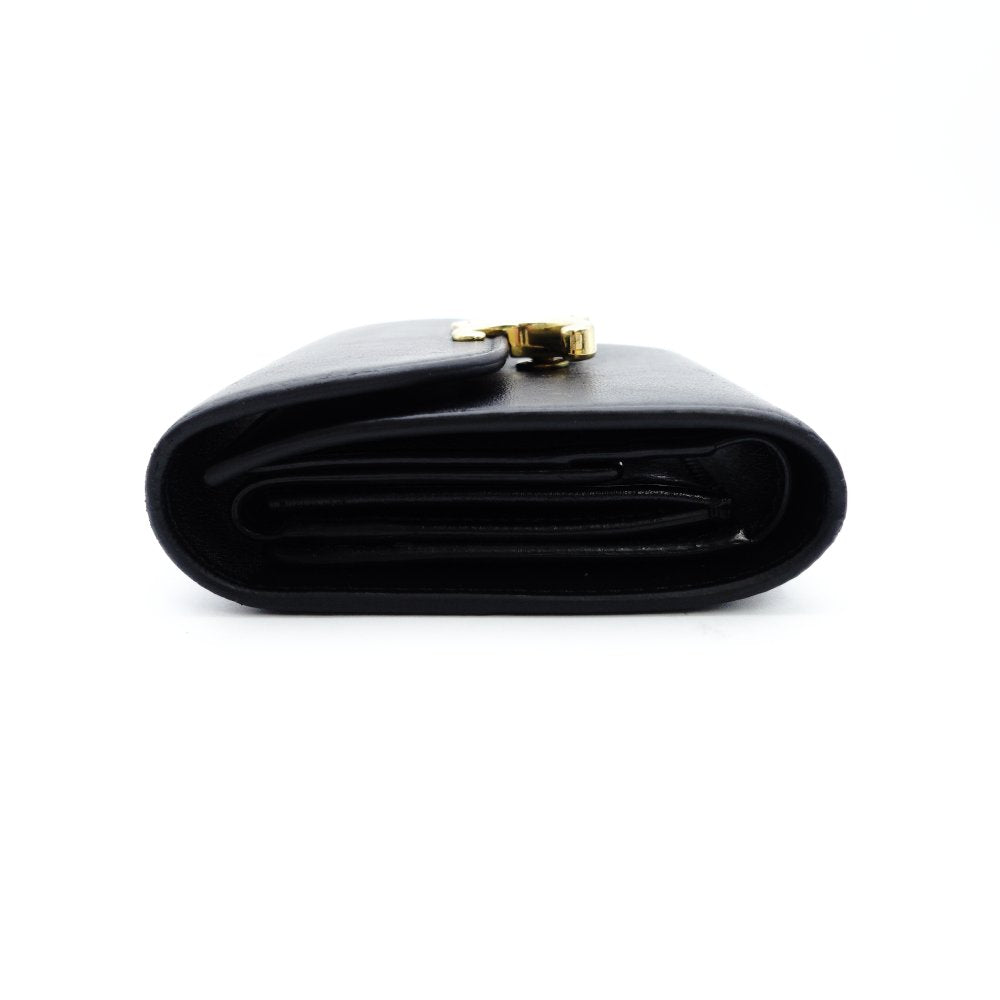 Celine Triomphe Mini Wallet, Fold Wallet, Black Leather, Compact Wallet, Gold Hardware, 7-12-609