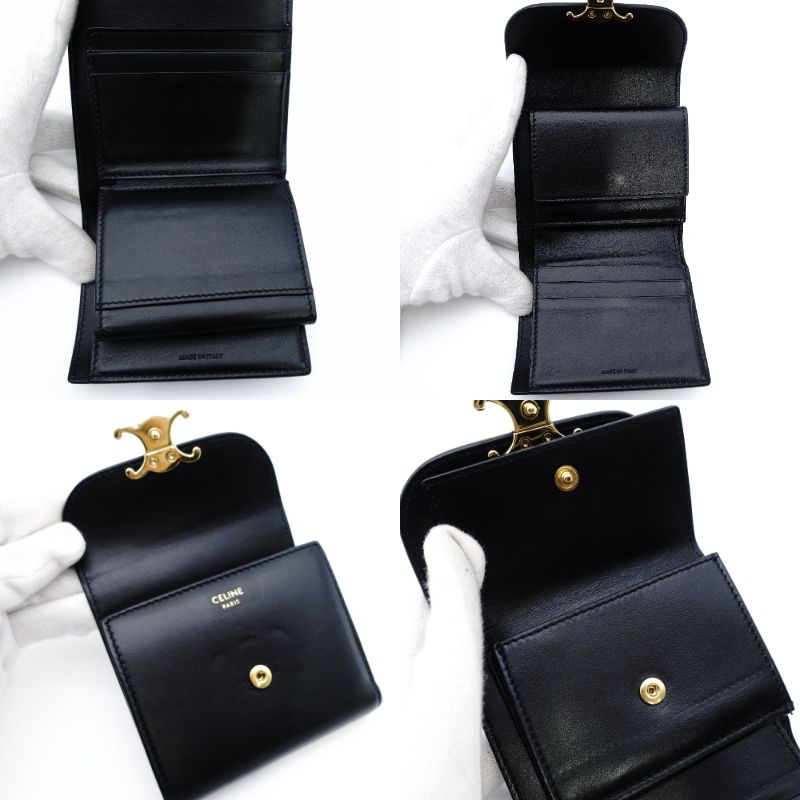 Celine Triomphe Mini Wallet, Fold Wallet, Black Leather, Compact Wallet, Gold Hardware, 7-12-609
