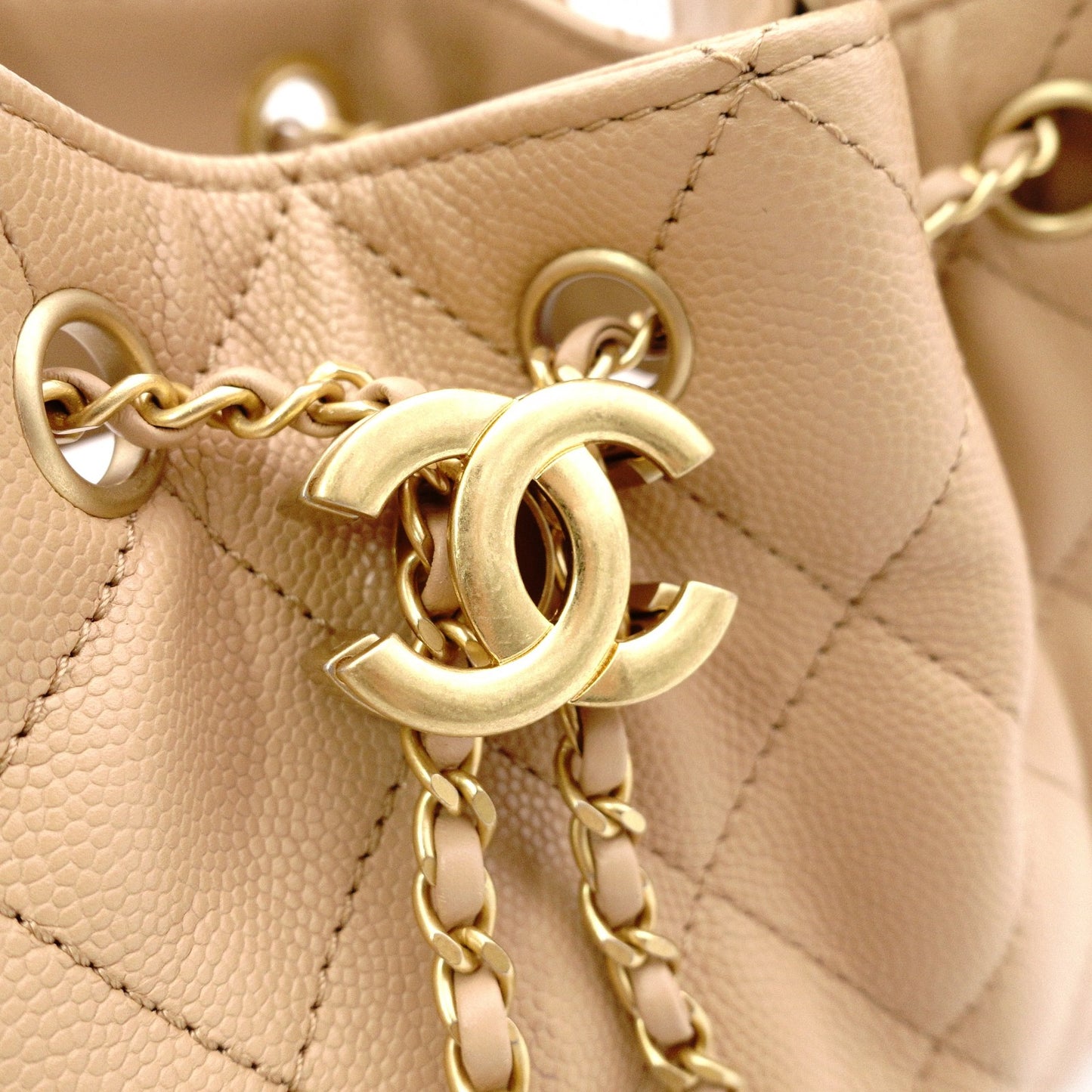 CHANEL Caviar Skin Chanel 25 Mini Shoulder Bag, Leather, Beige, Gold Hardware, IC Plate