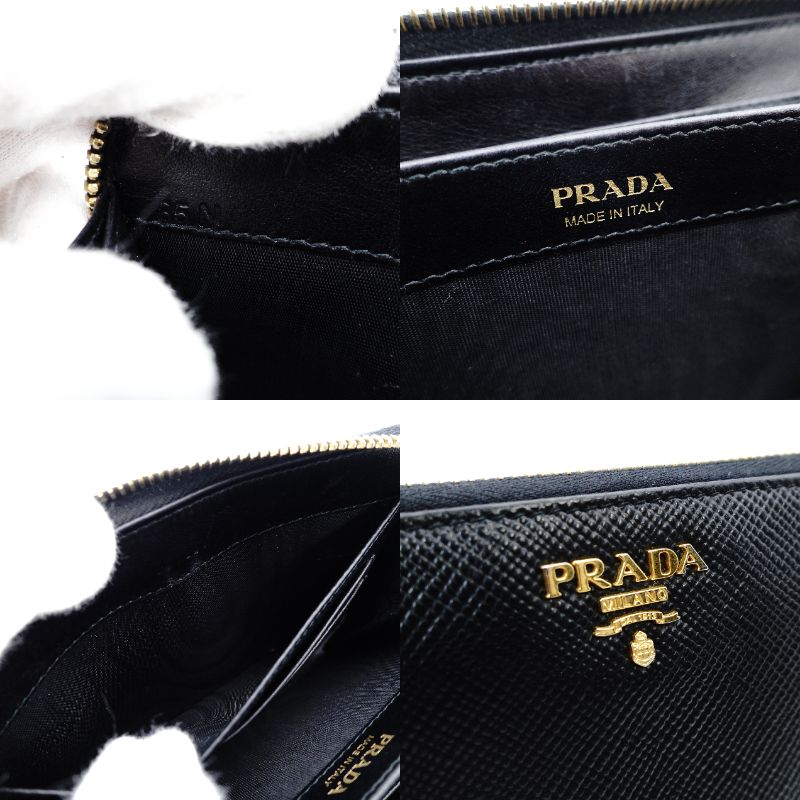 PRADA Saffiano Metal Leather Black Mini Wallet Black Gold Hardware Compact Wallet 7-12-611