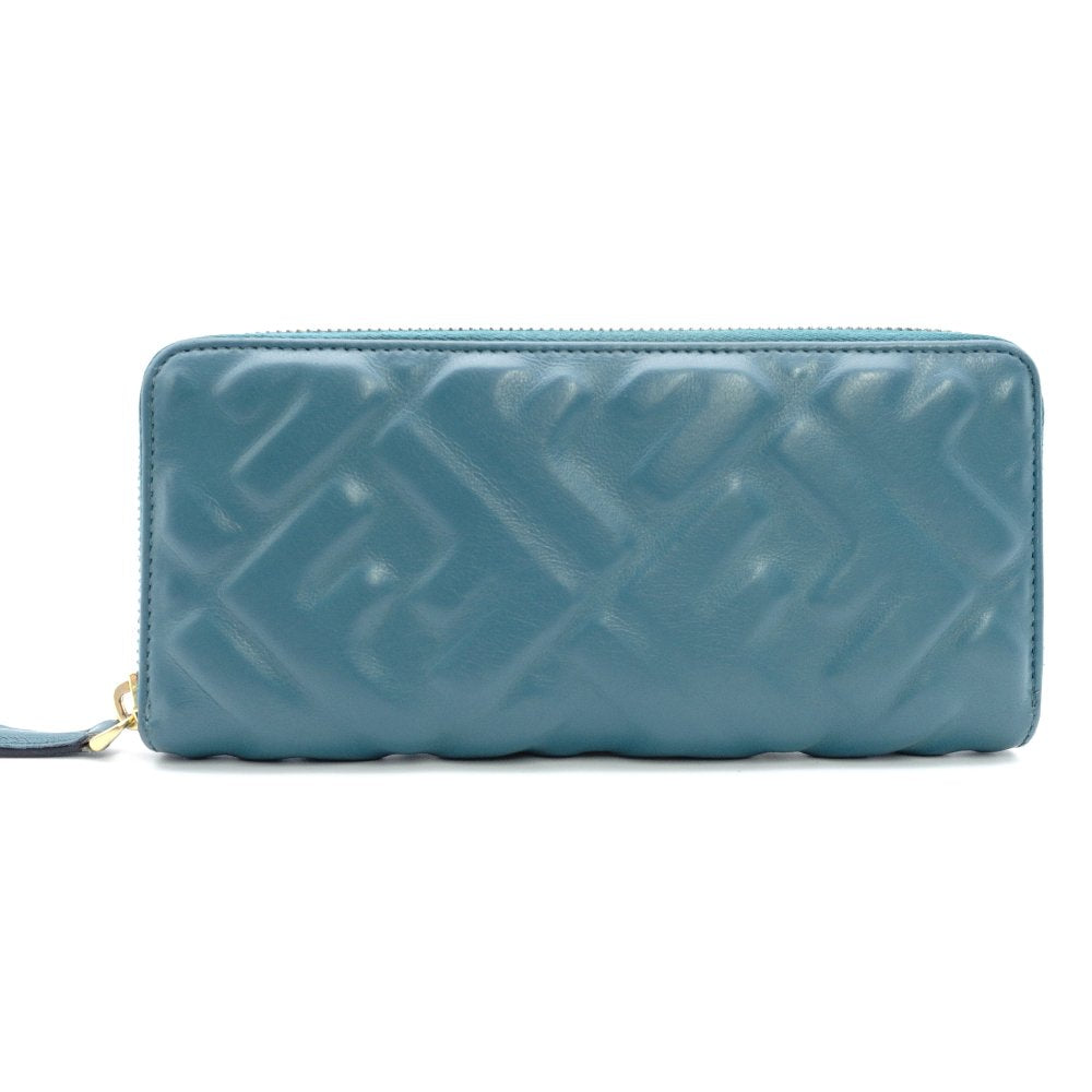 FENDI Zucca Baguette Long Wallet Leather Zippy Wallet Turquoise FF Logo Gold Hardware 7-11-625