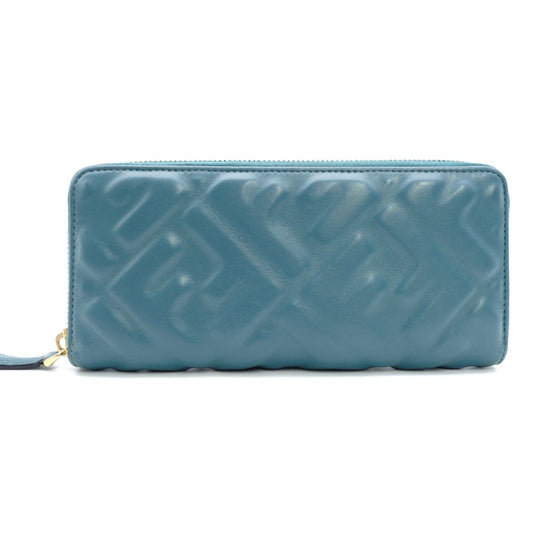 FENDI Zucca Baguette Long Wallet Leather Zippy Wallet Turquoise FF Logo Gold Hardware 7-11-625