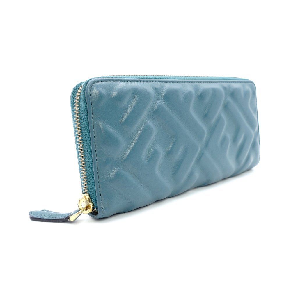 FENDI Zucca Baguette Long Wallet Leather Zippy Wallet Turquoise FF Logo Gold Hardware 7-11-625