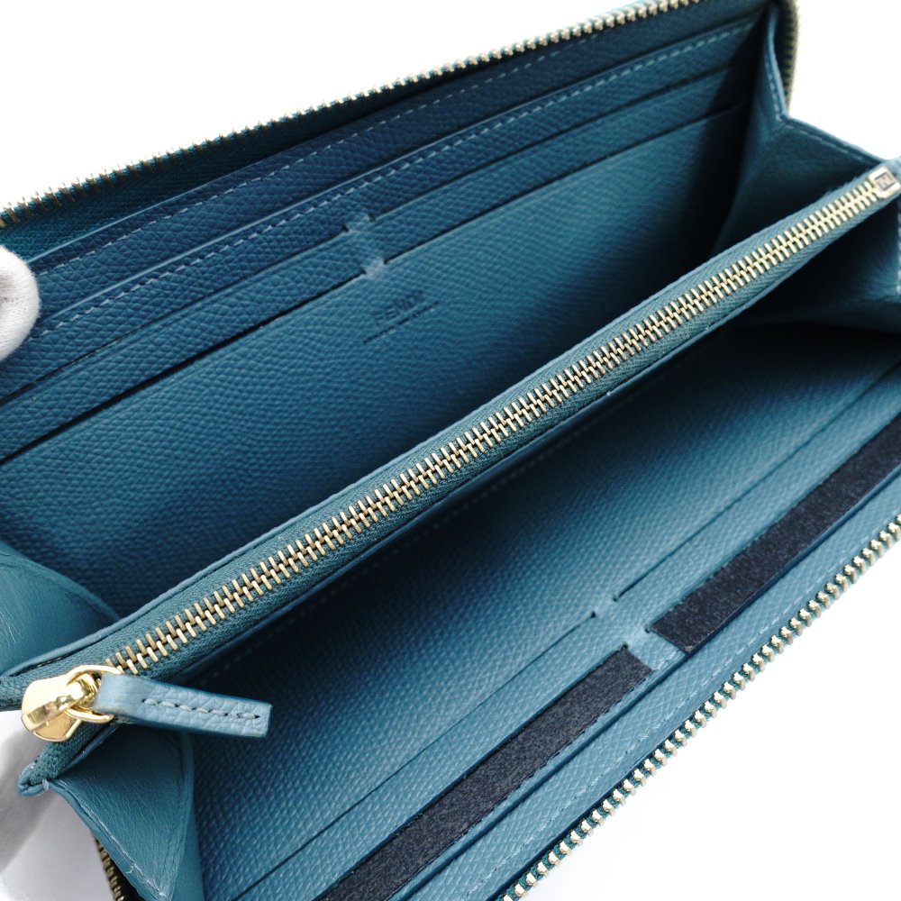 FENDI Zucca Baguette Long Wallet Leather Zippy Wallet Turquoise FF Logo Gold Hardware 7-11-625