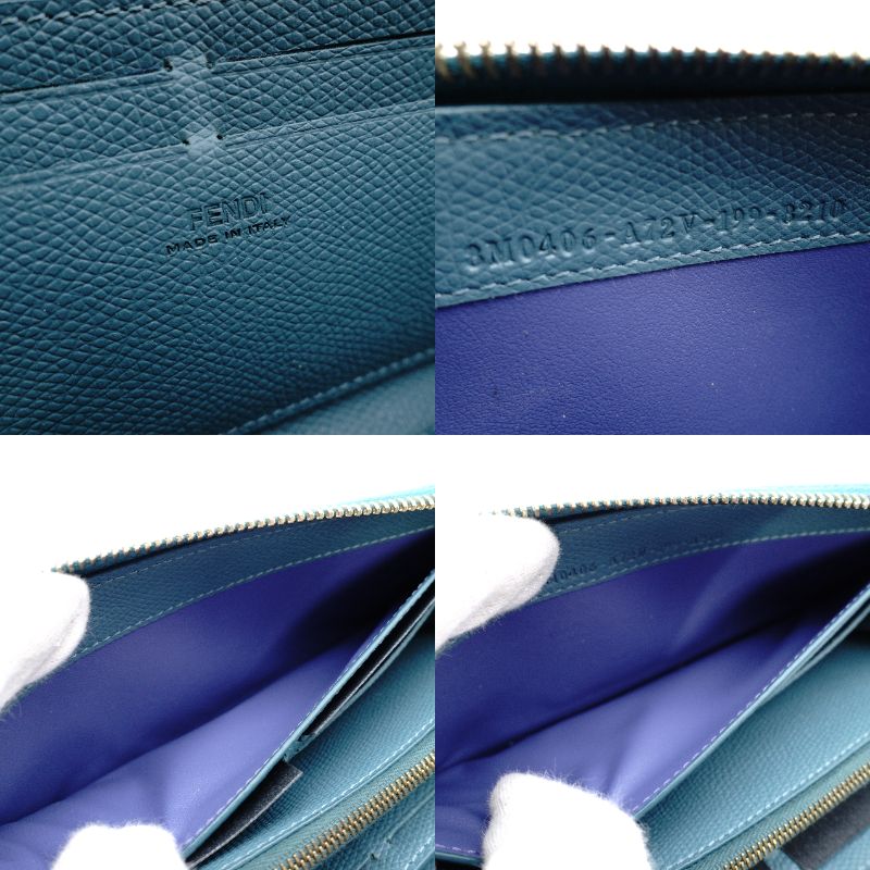 FENDI Zucca Baguette Long Wallet Leather Zippy Wallet Turquoise FF Logo Gold Hardware 7-11-625