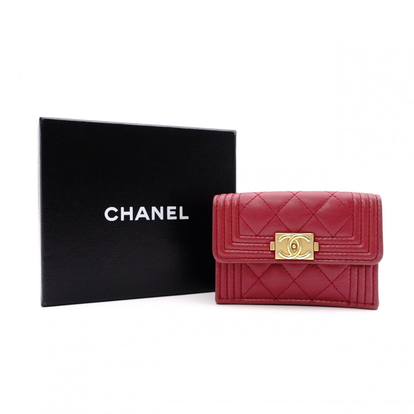 CHANEL Boy Chanel Tri-fold Wallet, Leather, Red Lambskin, Gold Hardware