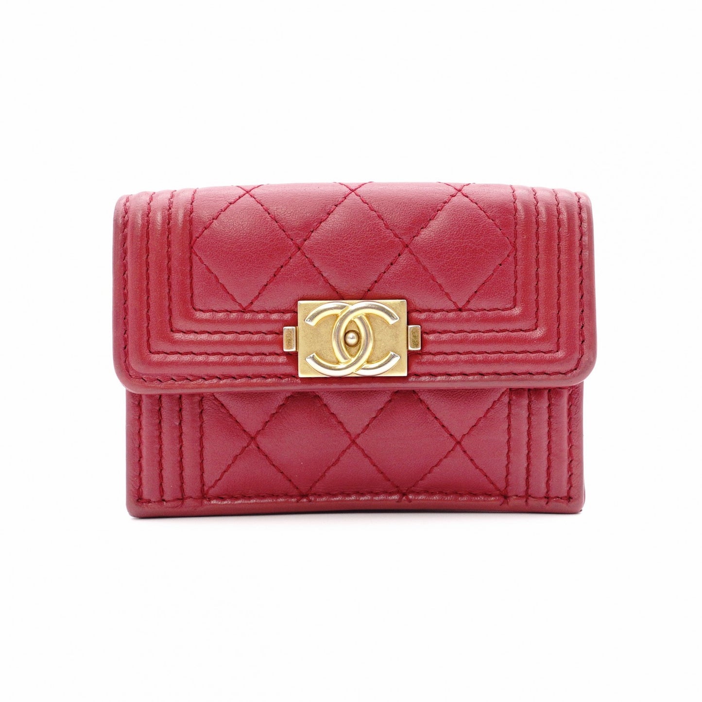 CHANEL Boy Chanel Tri-fold Wallet, Leather, Red Lambskin, Gold Hardware