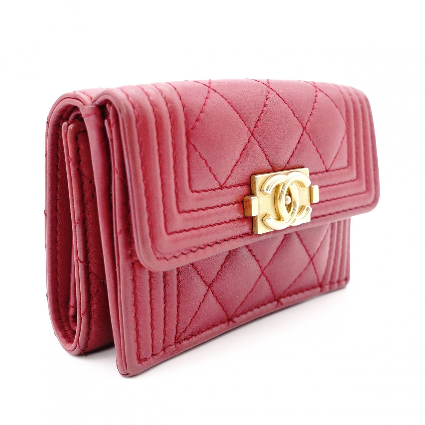 CHANEL Boy Chanel Tri-fold Wallet, Leather, Red Lambskin, Gold Hardware