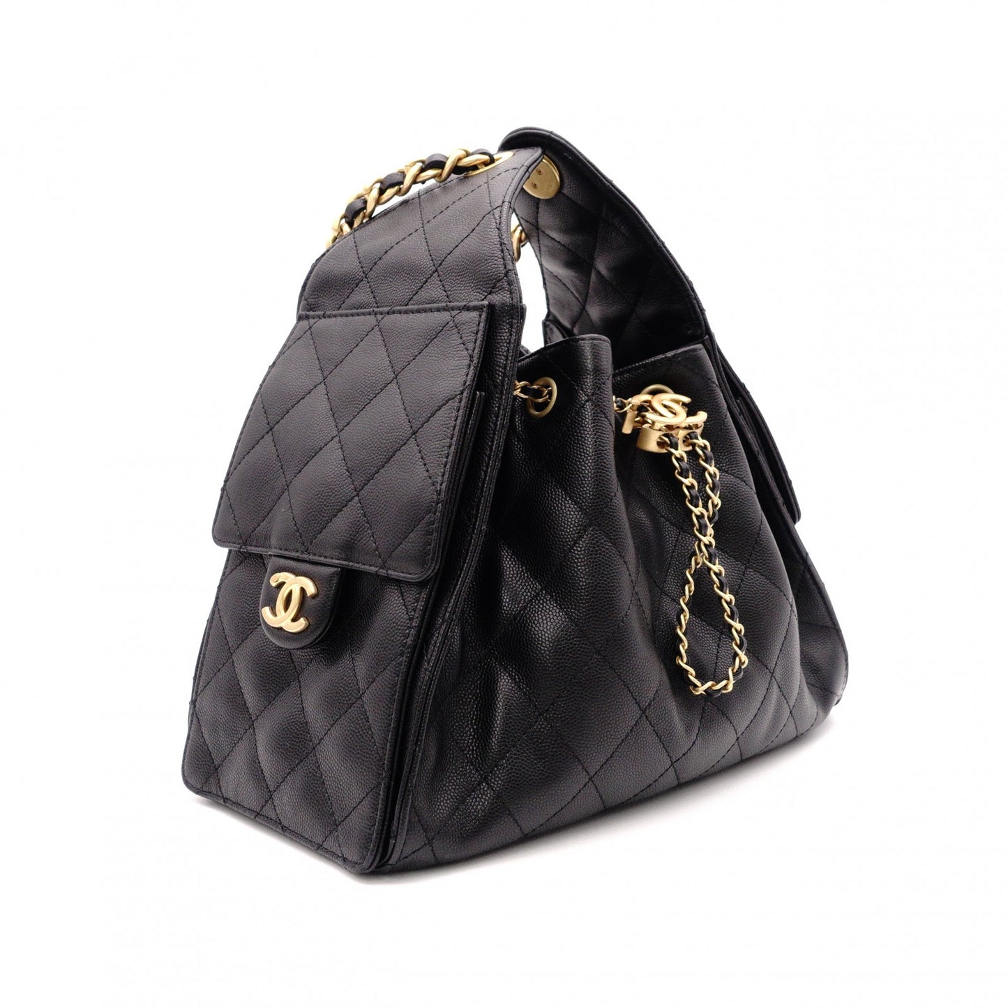 CHANEL Caviar Skin Chanel 25 Small Shoulder Bag, Leather, Black, Gold Hardware, IC Plate