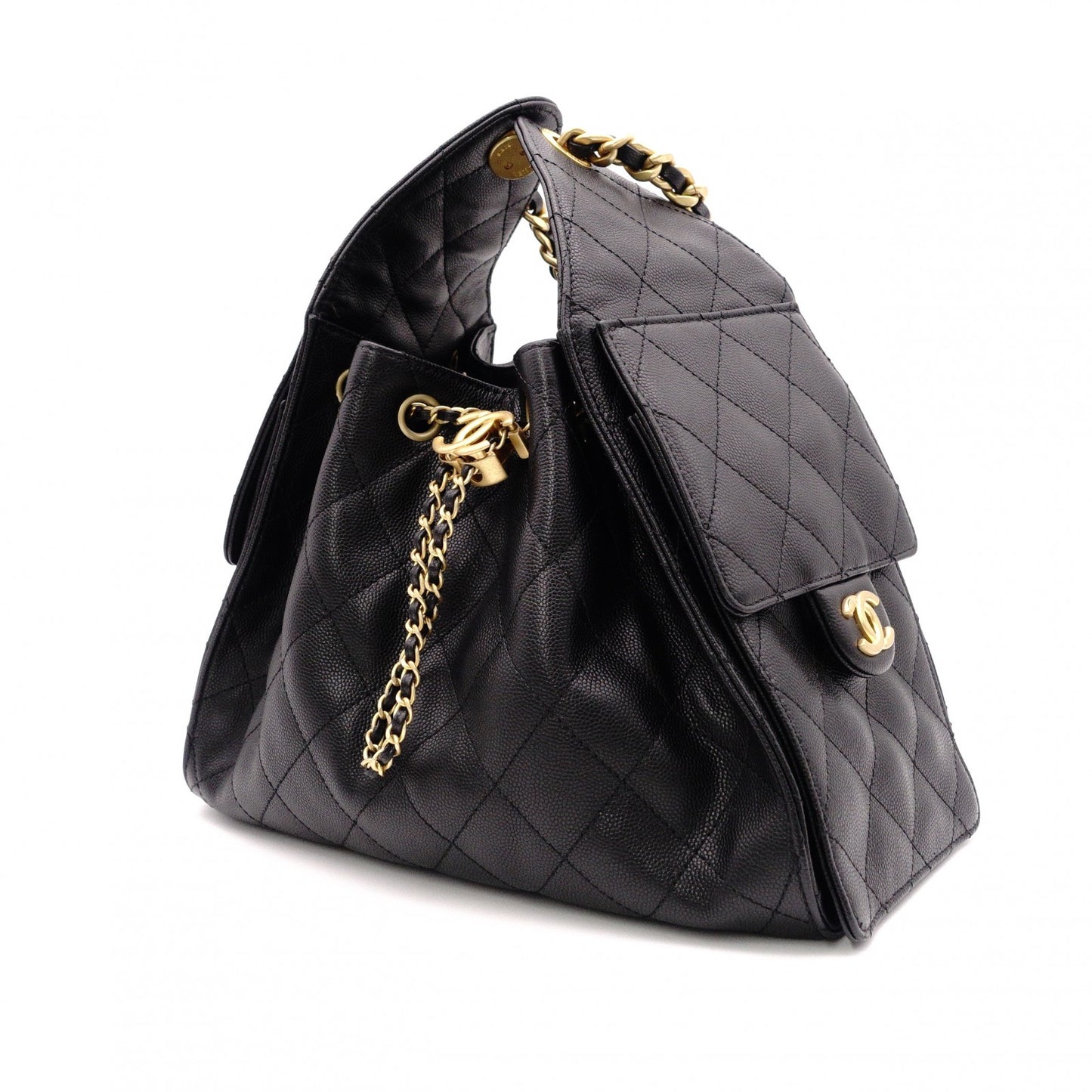 CHANEL Caviar Skin Chanel 25 Small Shoulder Bag, Leather, Black, Gold Hardware, IC Plate