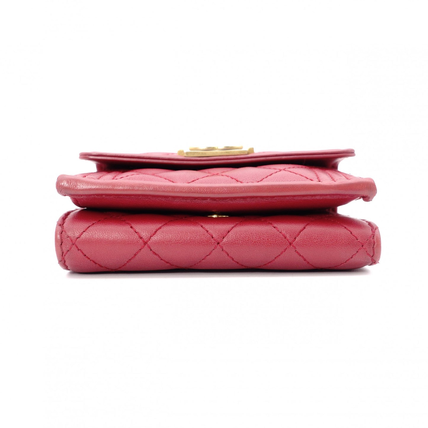 CHANEL Boy Chanel Tri-fold Wallet, Leather, Red Lambskin, Gold Hardware