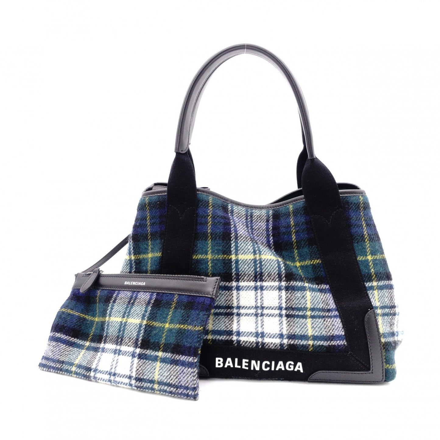 BALENCIAGA Navy Cabas S Handbag, Wool and Leather, Green Tones, with Pouch