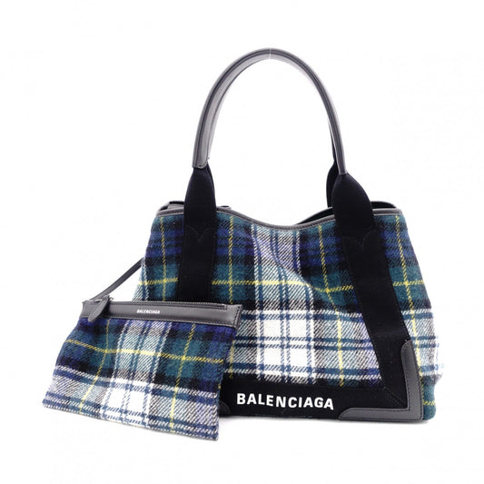 BALENCIAGA Navy Cabas S Handbag, Wool and Leather, Green Tones, with Pouch