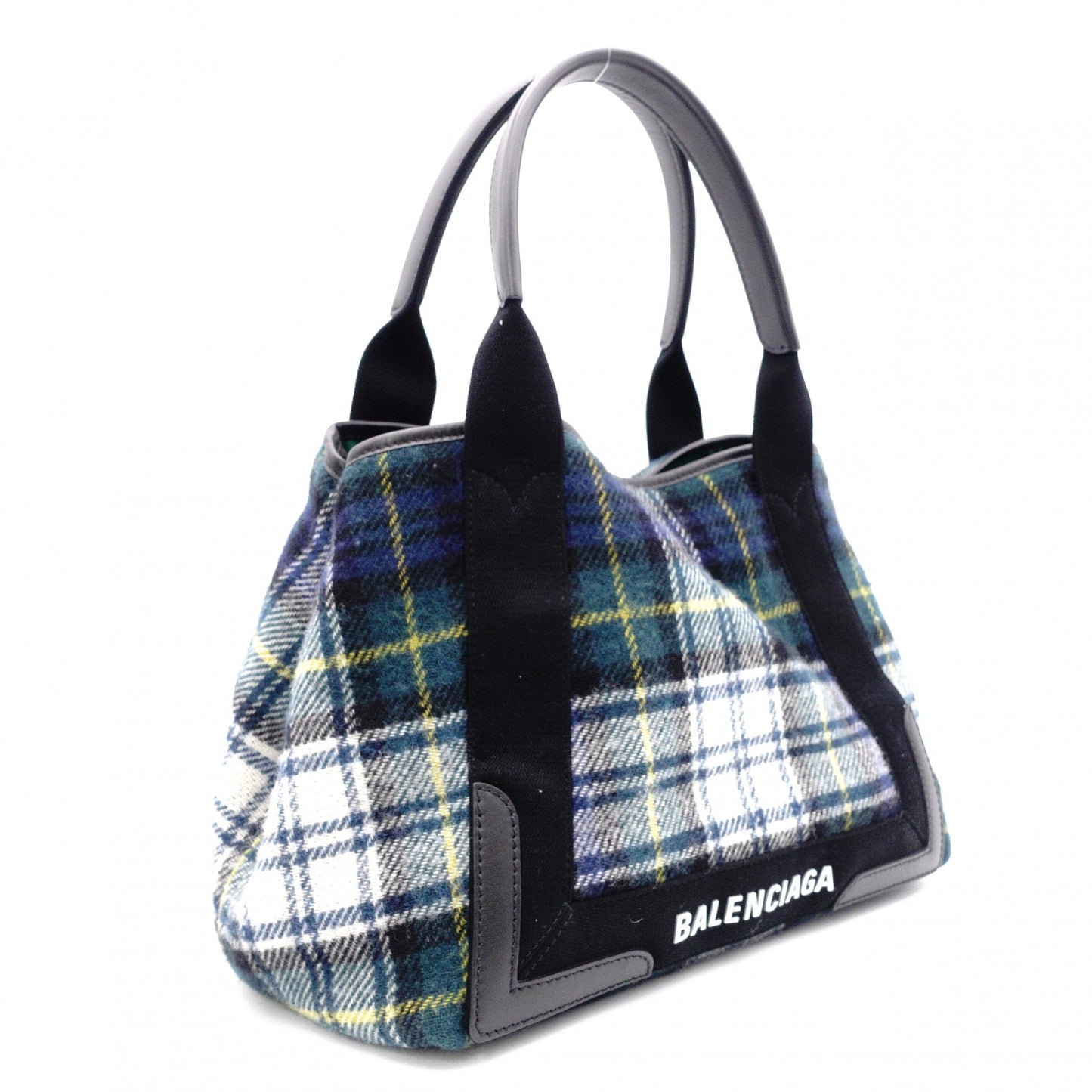 BALENCIAGA Navy Cabas S Handbag, Wool and Leather, Green Tones, with Pouch