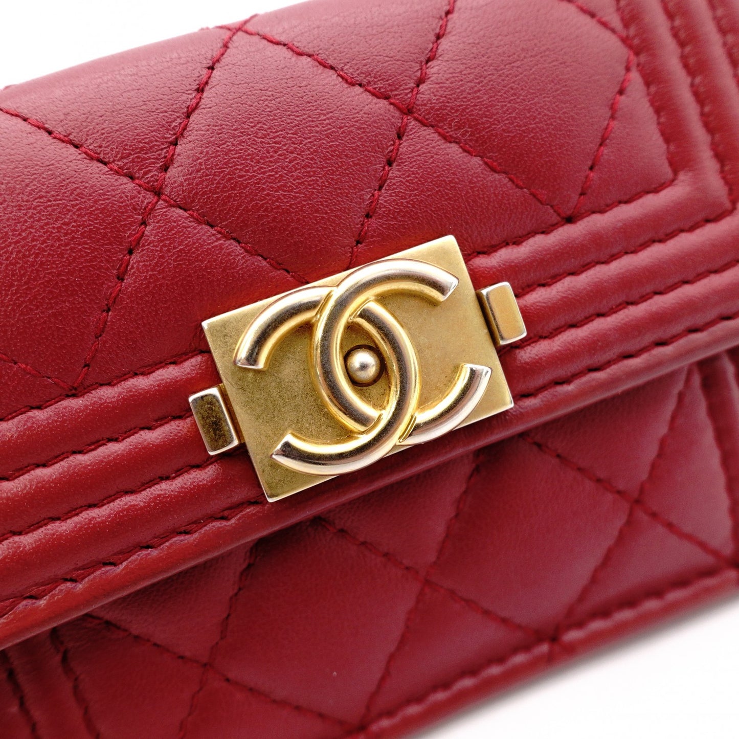 CHANEL Boy Chanel Tri-fold Wallet, Leather, Red Lambskin, Gold Hardware