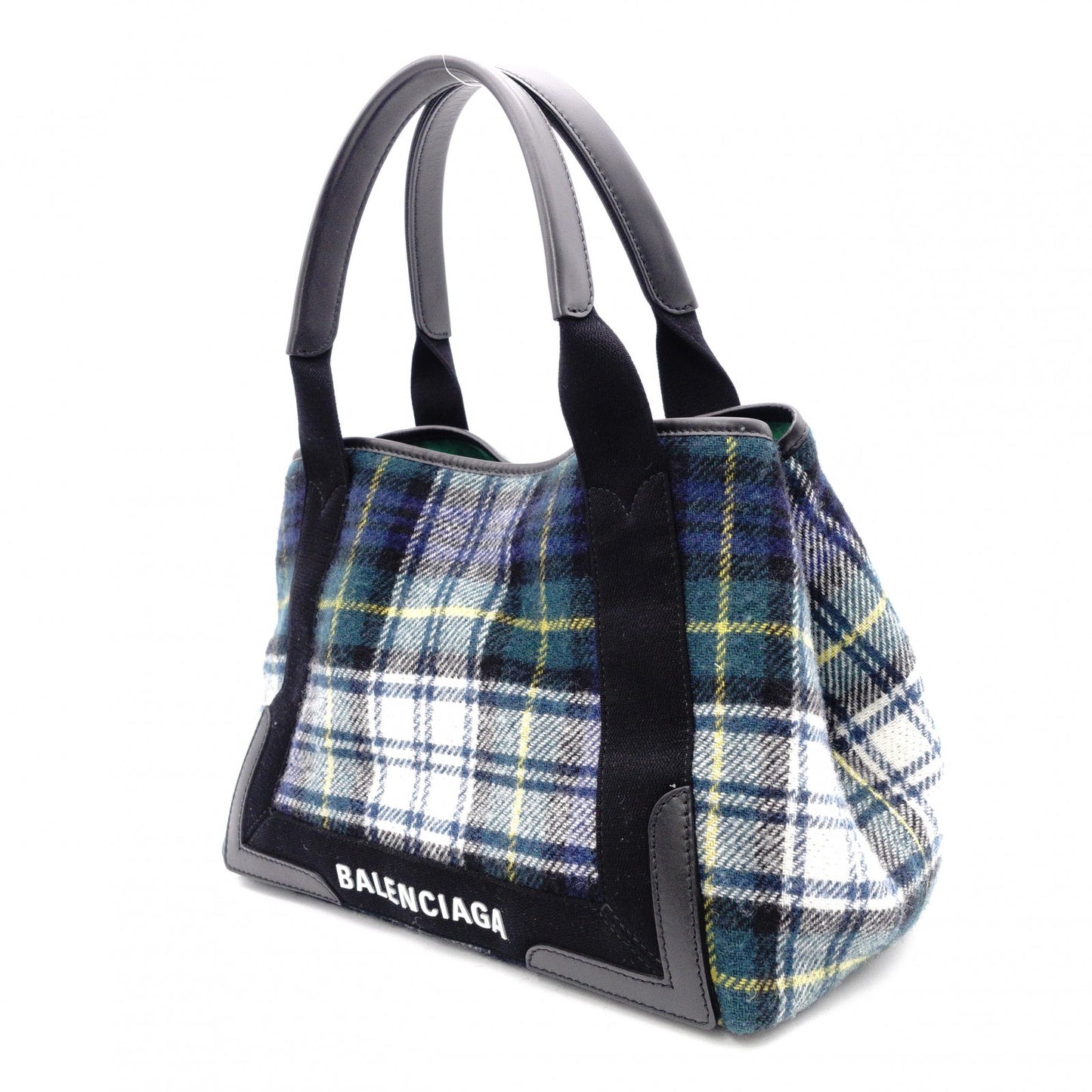 BALENCIAGA Navy Cabas S Handbag, Wool and Leather, Green Tones, with Pouch