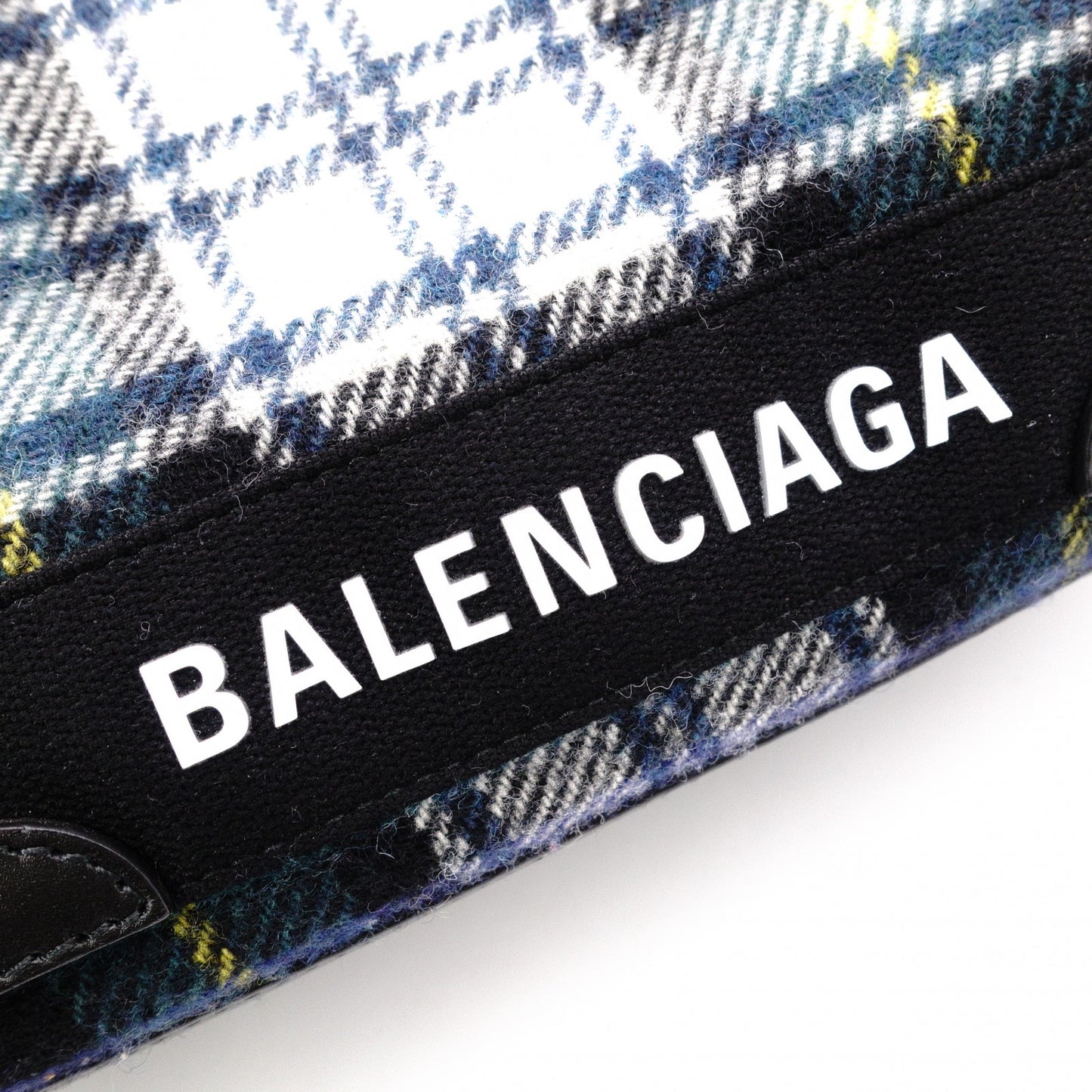 BALENCIAGA Navy Cabas S Handbag, Wool and Leather, Green Tones, with Pouch