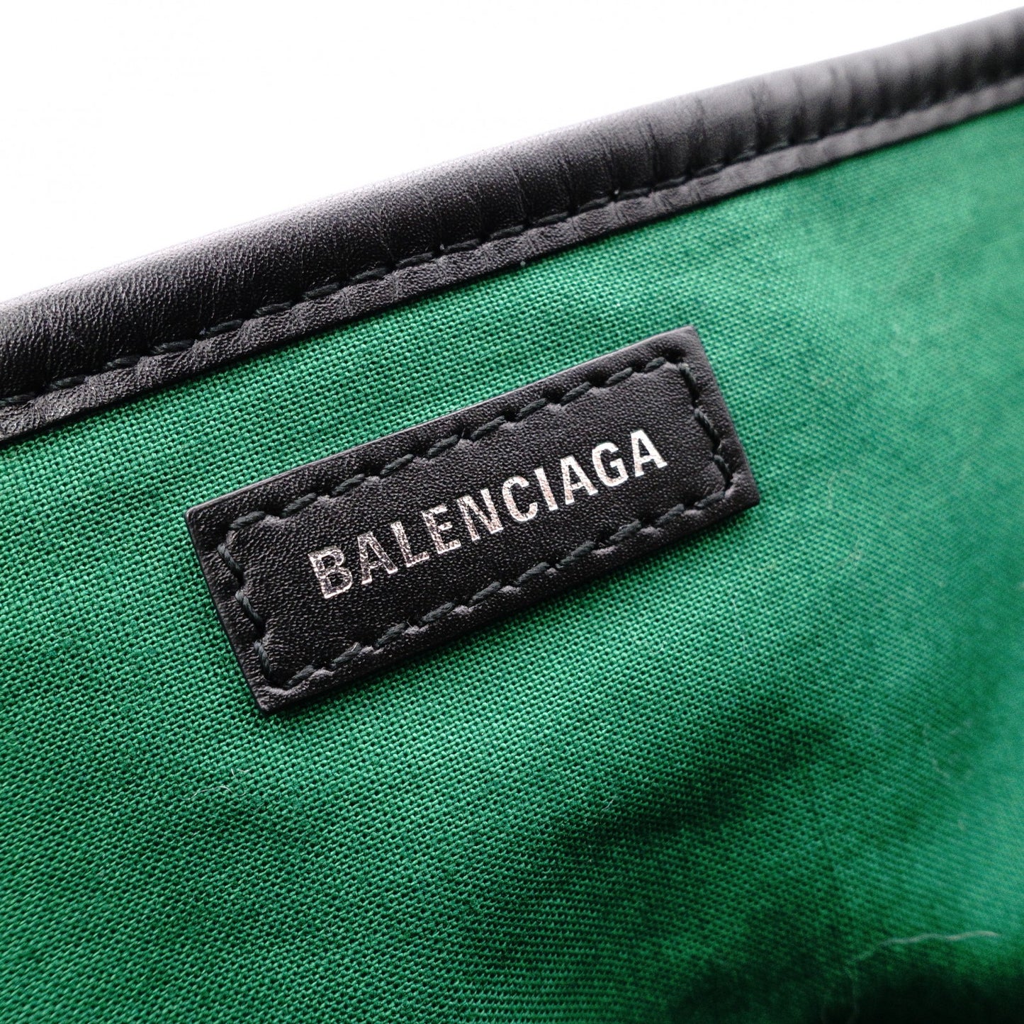 BALENCIAGA Navy Cabas S Handbag, Wool and Leather, Green Tones, with Pouch