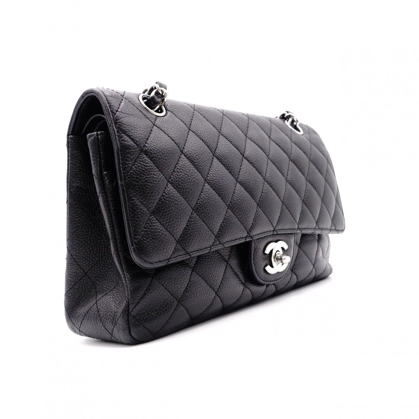 CHANEL Caviar Skin Classic W-Flap Shoulder Bag, Leather, Black, Silver Hardware