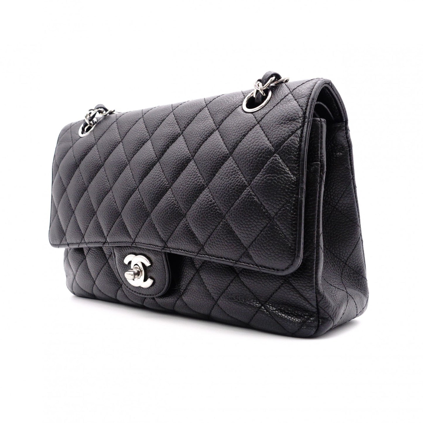 CHANEL Caviar Skin Classic W-Flap Shoulder Bag, Leather, Black, Silver Hardware