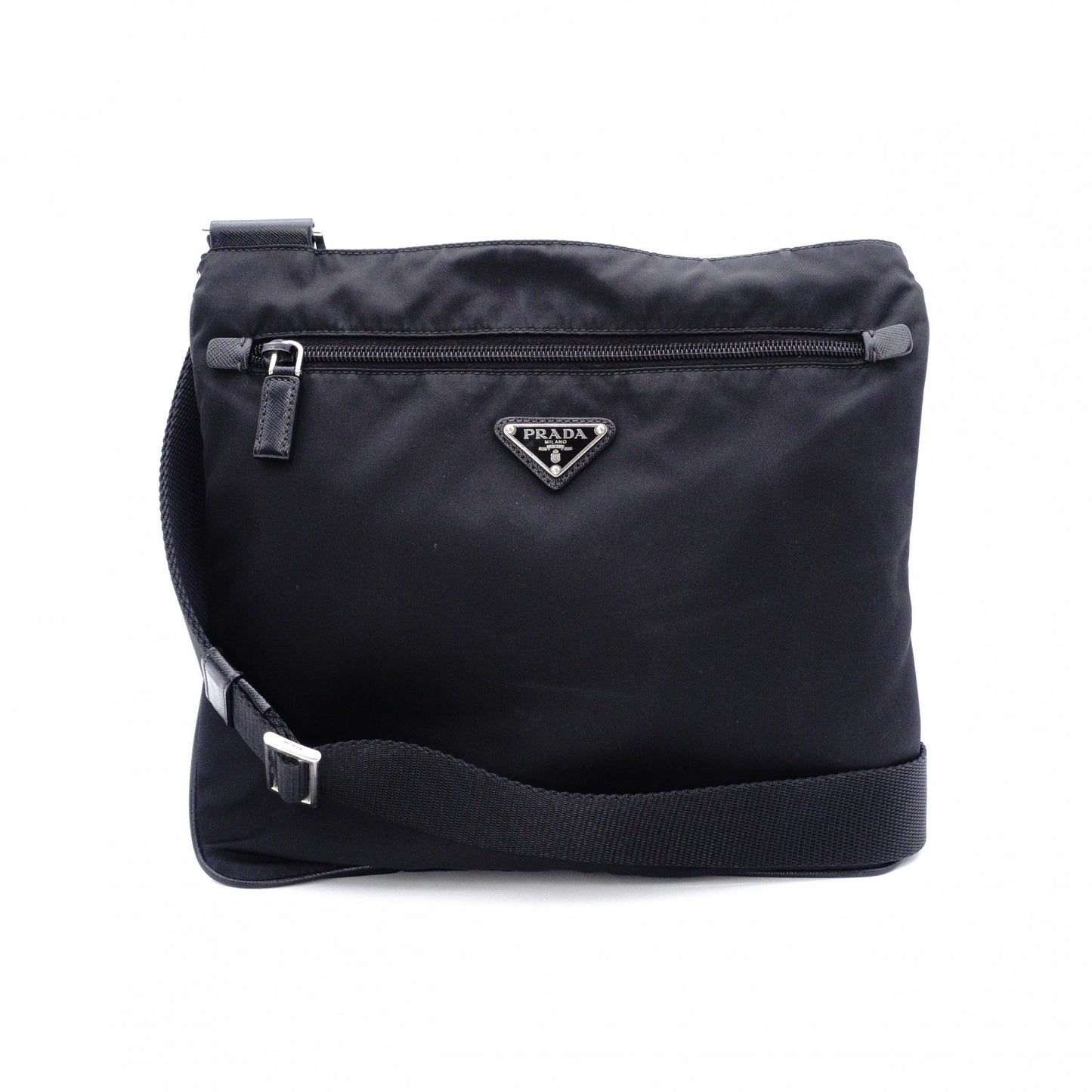 PRADA Shoulder Bag, Nylon, Black, Crossbody, Triangle Logo, Silver Hardware