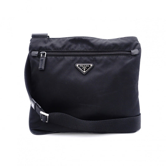 PRADA Shoulder Bag, Nylon, Black, Crossbody, Triangle Logo, Silver Hardware