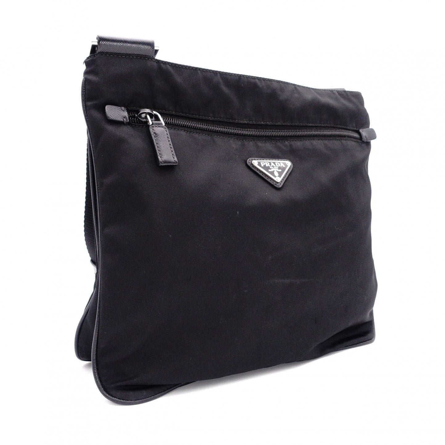PRADA Shoulder Bag, Nylon, Black, Crossbody, Triangle Logo, Silver Hardware