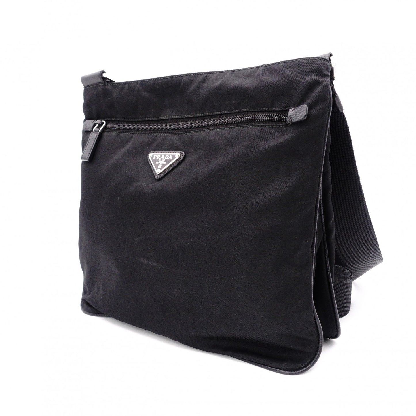 PRADA Shoulder Bag, Nylon, Black, Crossbody, Triangle Logo, Silver Hardware