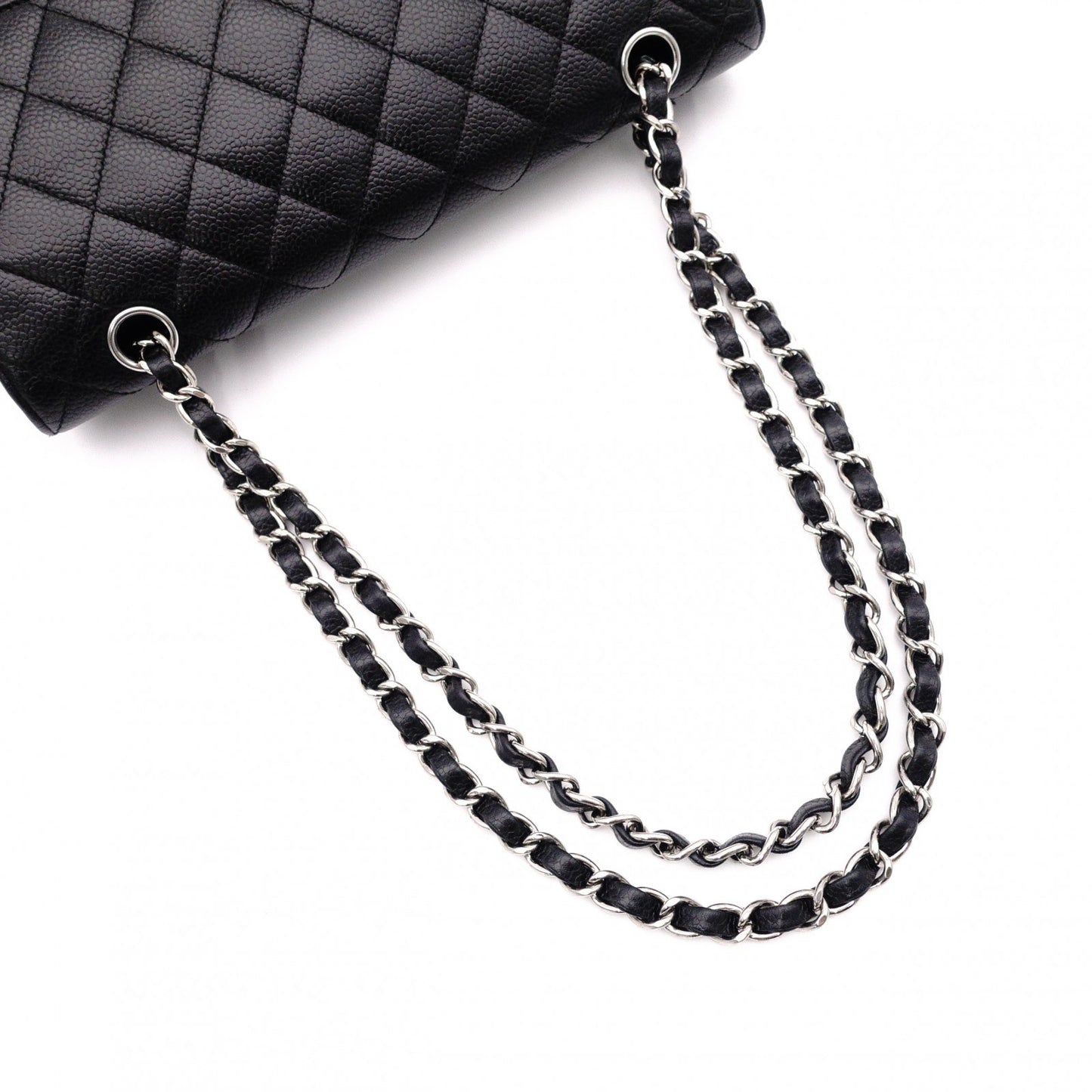 CHANEL Caviar Skin Classic W-Flap Shoulder Bag, Leather, Black, Silver Hardware