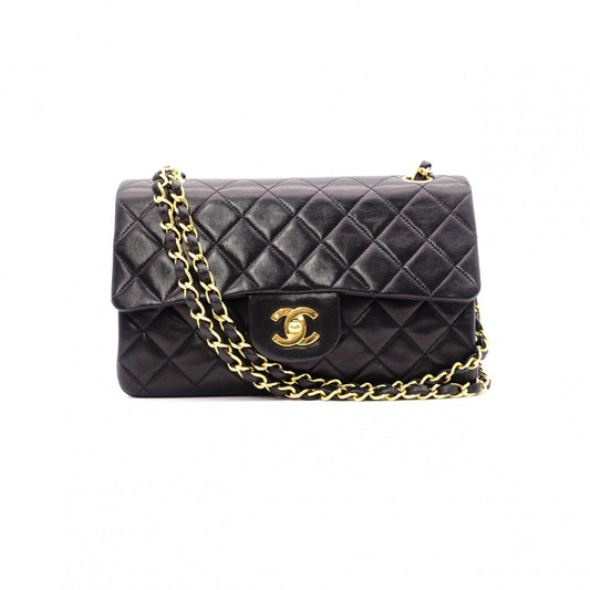 CHANEL Lambskin Classic W-Flap Shoulder Bag, Leather, Black, Gold Hardware